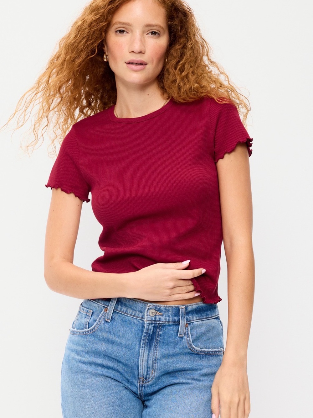 Women's Short Sleeve Ribbed Crop Top - red velvet